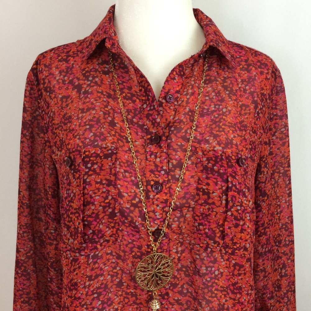 🎈3/$20 LOFT Wine Semi-Sheer Button Up Long Sleeve - Picture 2 of 5